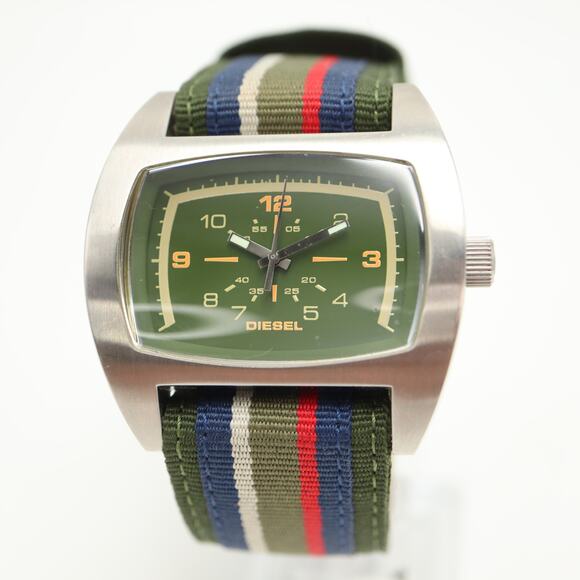 Diesel Mens Army Green Tonneau 44mm Watch Leather Nylon Strap DZ2057 New Battery - Picture 5 of 15